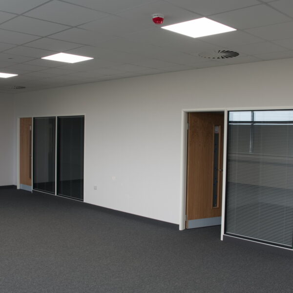 Office Partitioning installation, with two built-in offices and two doors